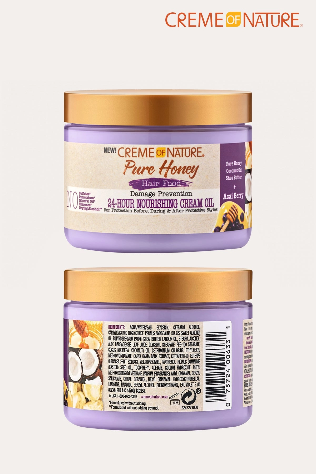 CREME OF NATURE PURE HONEY HAIR FOOD DAMAGE PREVENTION 24-HOUR NOURISHING CREAM OIL ACAI BERRY 4.7oz