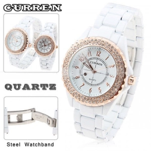 Curren Men's White Stainless Steel Waterproof Watch with Rhinestone Accents (White 4.5cm Dial) - CUR053