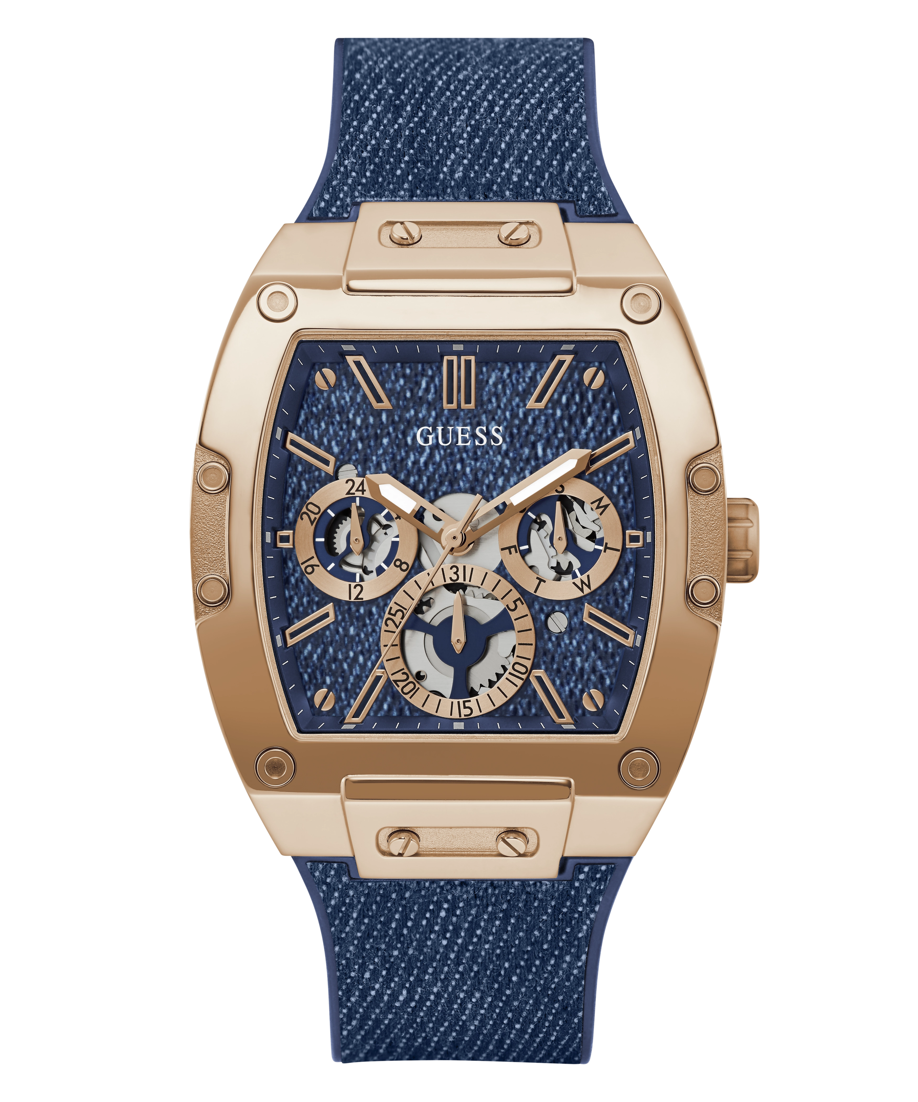 GUESS Mens Blue Rose Gold Tone Multi-function Watch