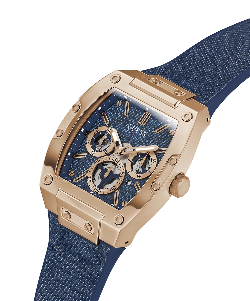 GUESS Mens Blue Rose Gold Tone Multi-function Watch