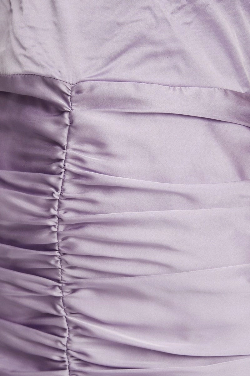 Purple Designer Satin Cupped Organza Puff Shoulder Dress