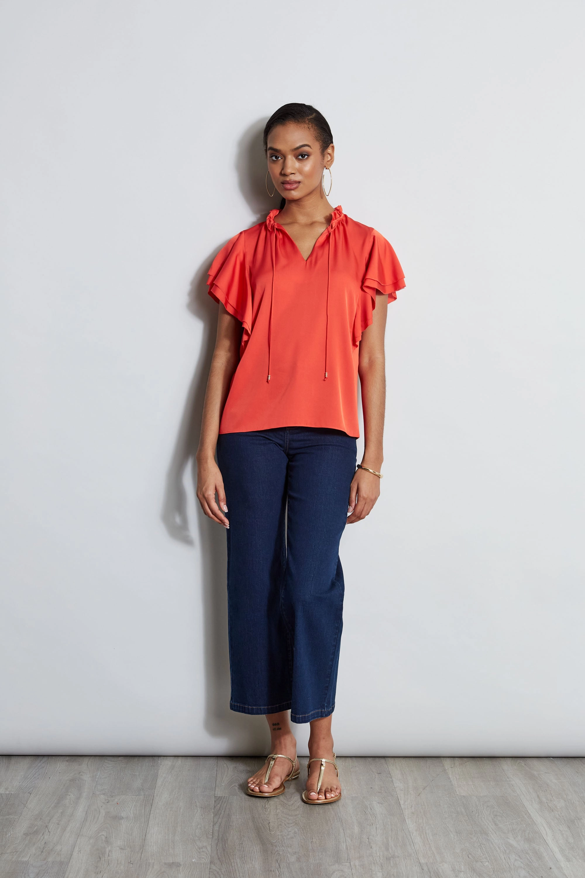 Silk Flutter Sleeve Tie Shirt
