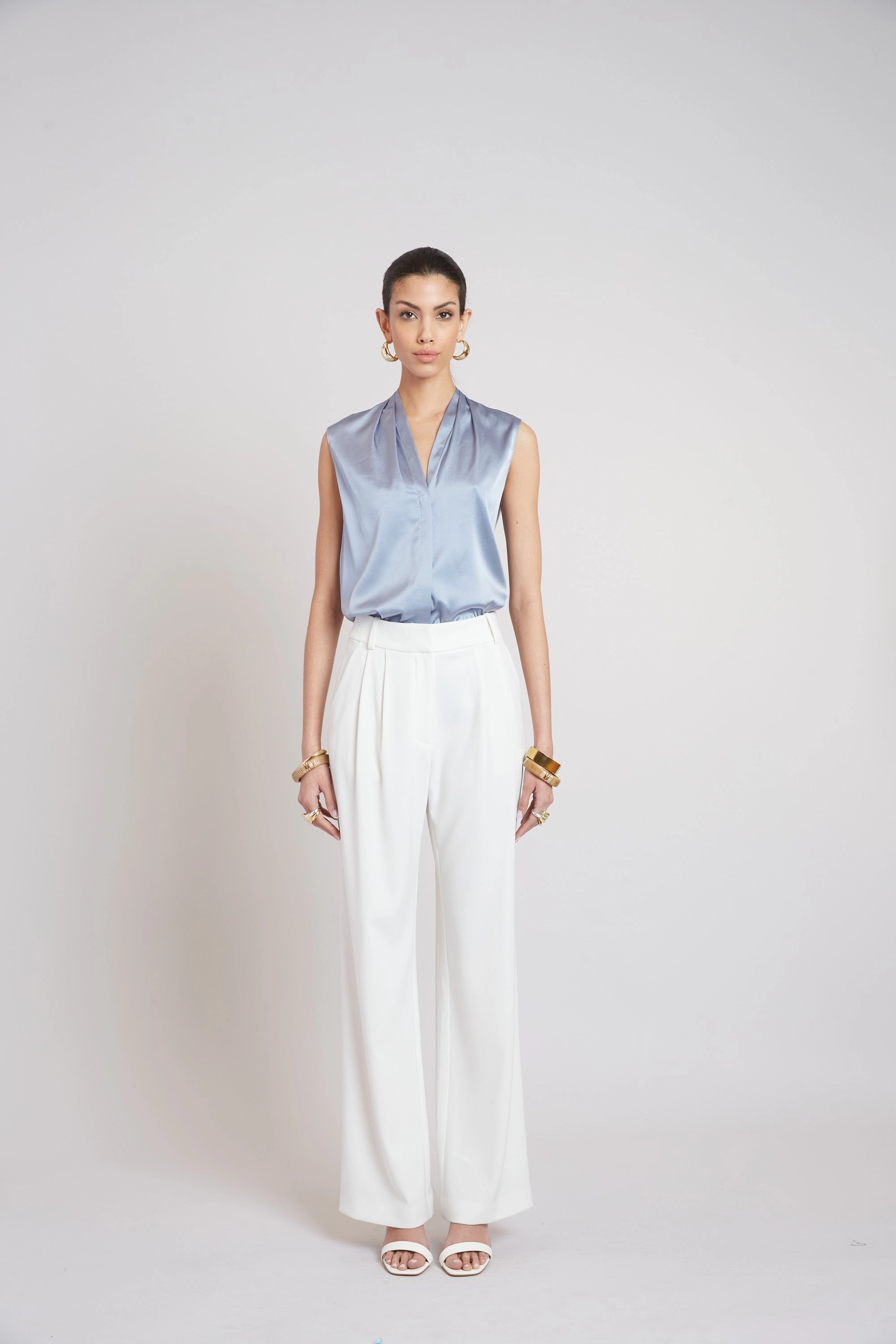 Sleeveless Silk Button Down Shirt