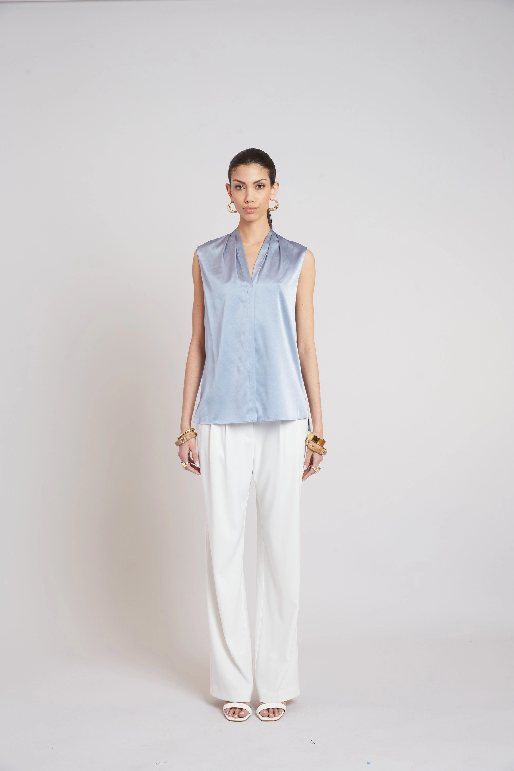 Sleeveless Silk Button Down Shirt