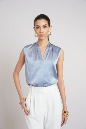 Sleeveless Silk Button Down Shirt