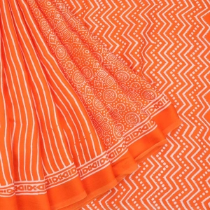 Vibrant Orange Printed Satin Silk Saree With Floral Motifs.