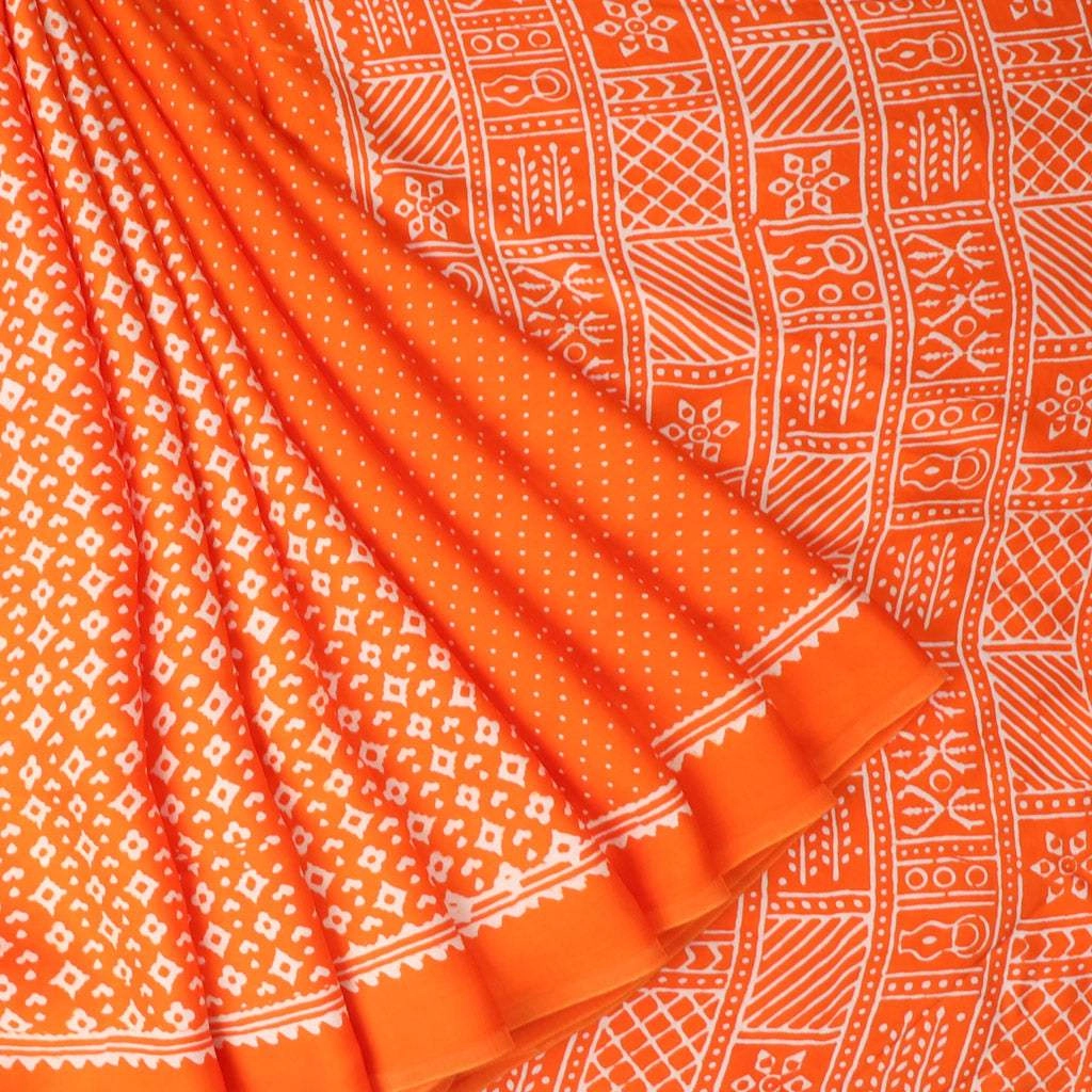 Vibrant Orange Printed Satin Silk Saree