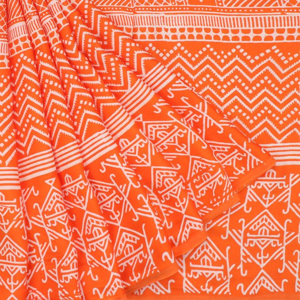 Vibrant Orange Printed Satin Silk Saree.