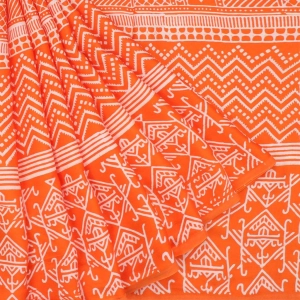Vibrant Orange Printed Satin Silk Saree.