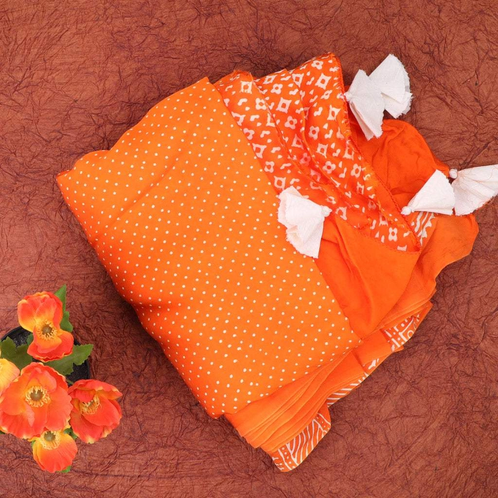 Vibrant Orange Printed Satin Silk Saree