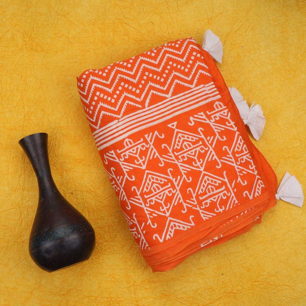 Vibrant Orange Printed Satin Silk Saree.