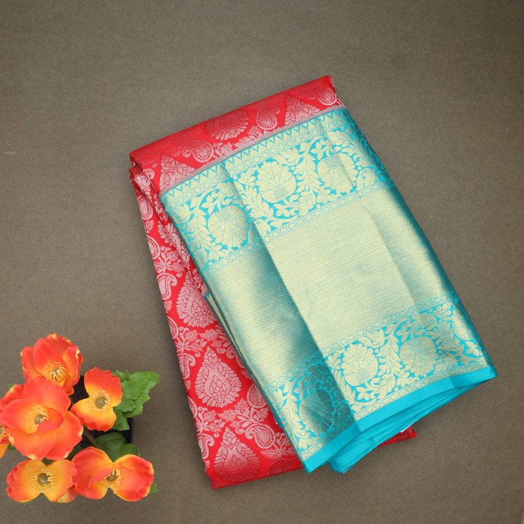 Vibrant Red Kanjivaram Silk Saree With Floral Jaal Design