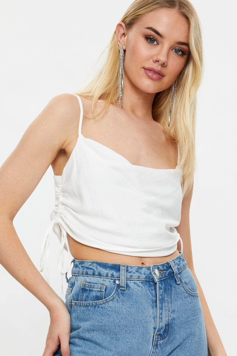 White Designer Linen Look Cowl Neck Drawstring Top