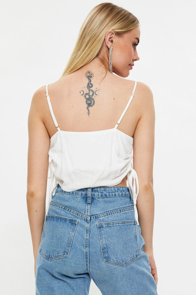 White Designer Linen Look Cowl Neck Drawstring Top