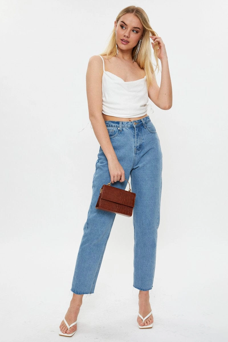 White Designer Linen Look Cowl Neck Drawstring Top