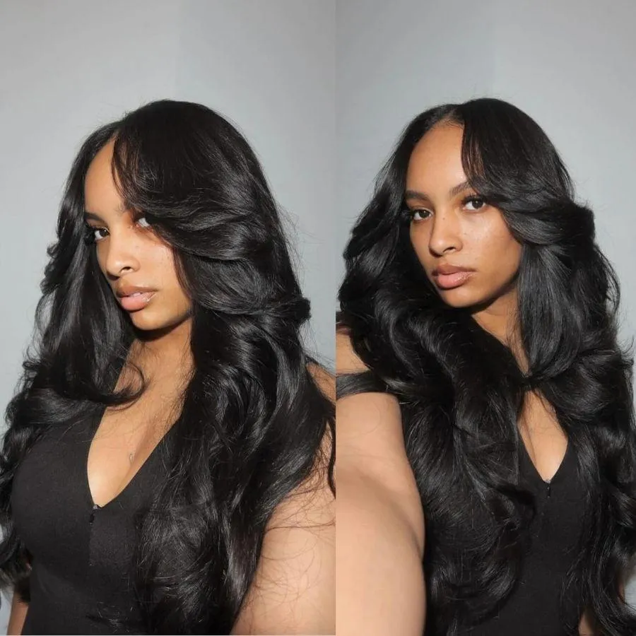 WOWANGEL Curtain Bangs Wig HD Lace 13X6 Full Frontal Wig Body Wave Pre Plucked