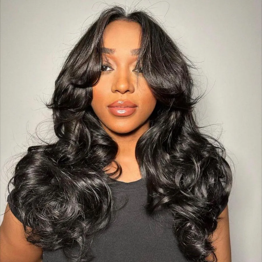WOWANGEL Curtain Bangs Wig HD Lace 13X6 Full Frontal Wig Body Wave Pre Plucked