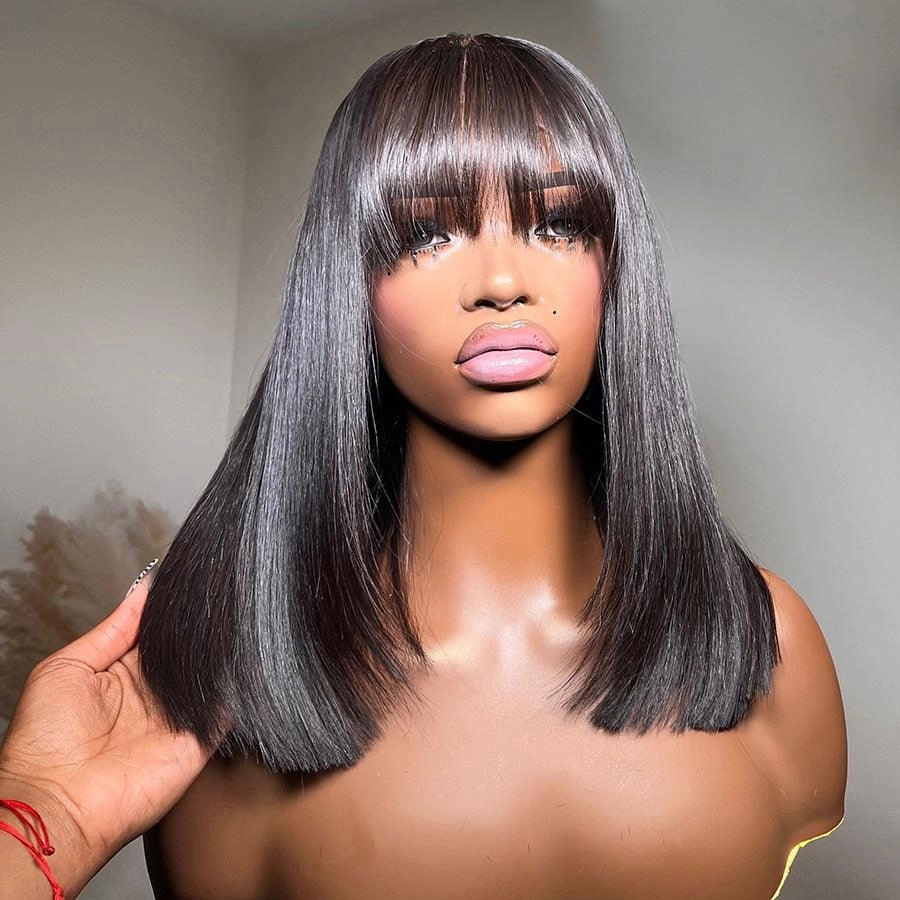 WOWANGEL Wear & Go Straight Short BOB With Bangs 5x5 HD Lace Closure Wig Glueless Wig